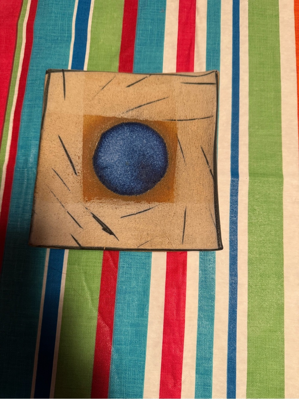 Homemade Unique Ceramic Decorative Square Plate with Blue Center